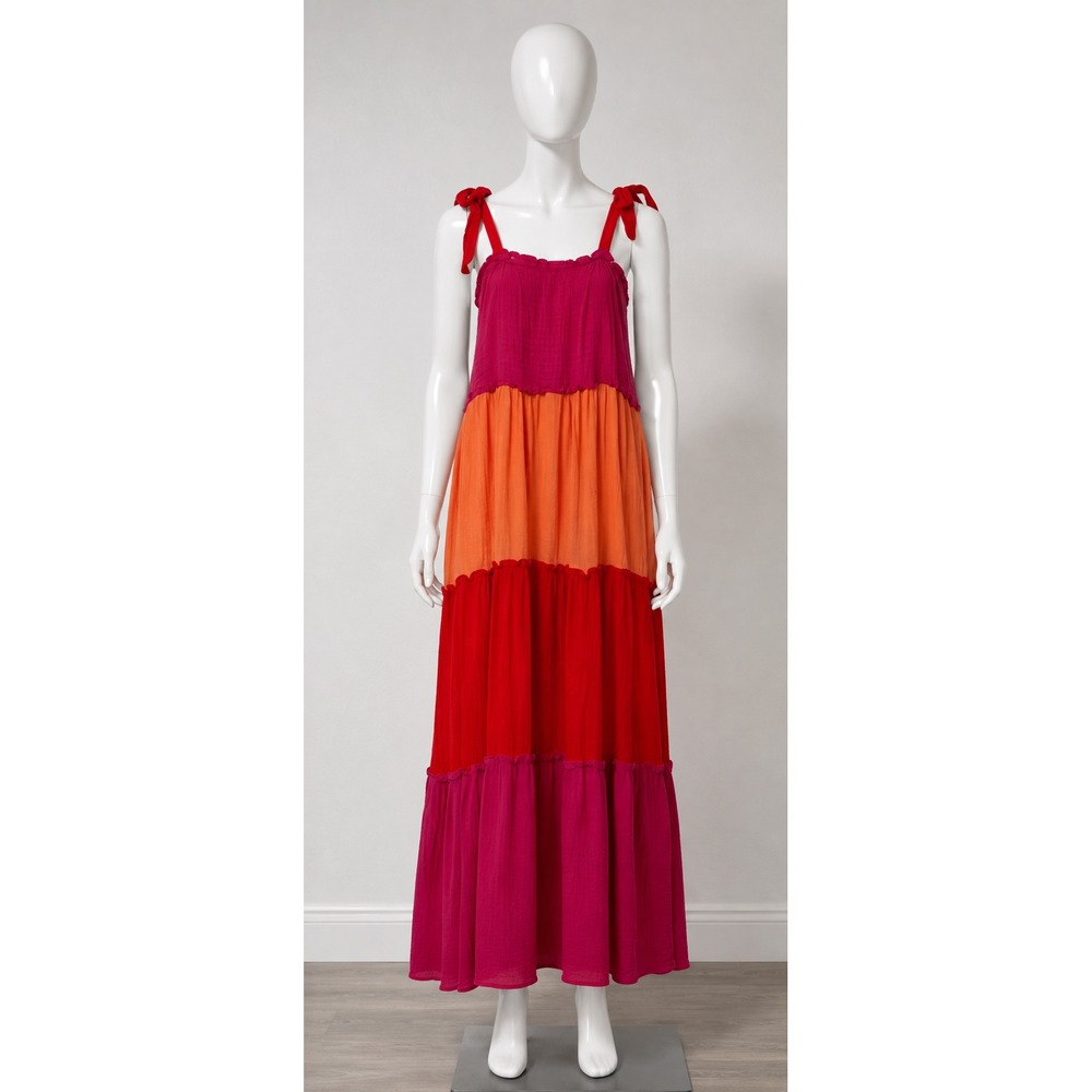 Bebop Womens Colorblock Tiered Maxi Dress Pink Orange Red Smocked Tie Strap S